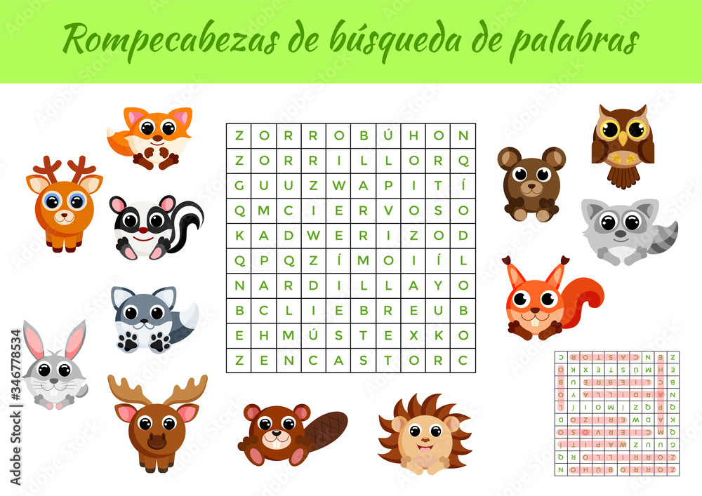 Rompecabezas de búsqueda de palabras Word search puzzle. Educational