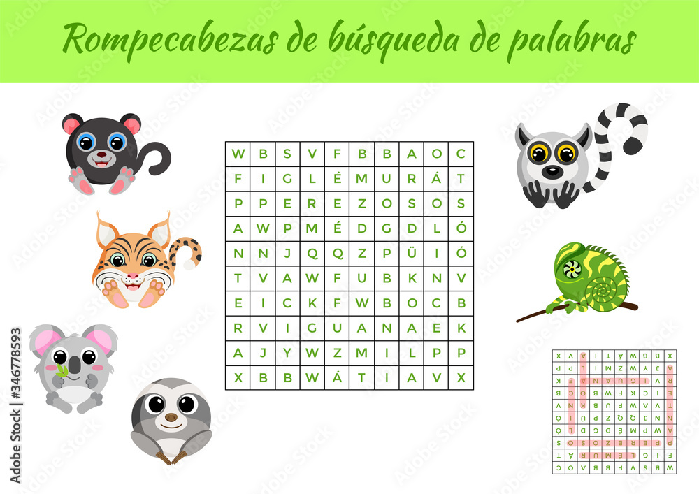 Rompecabezas de búsqueda de palabras Word search puzzle. Educational