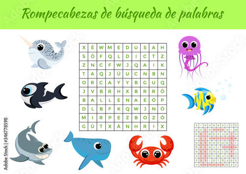 Rompecabezas de búsqueda de palabras - Word search puzzle. Educational game for study Spanish words. Kids activity worksheet colorful printable version with answers. Vector stock illustration