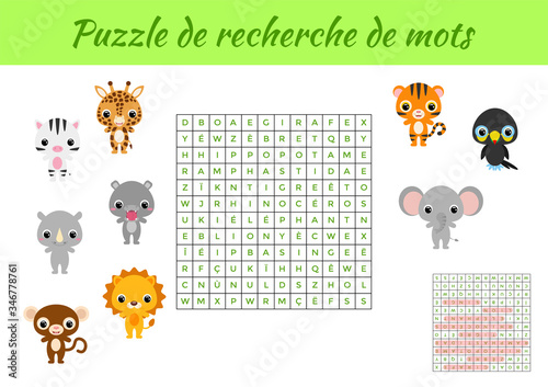 Puzzle de recherche de mots - Word search puzzle with pictures. Educational game for study French words. Kids activity worksheet colorful printable version. Includes answers. Vector stock illustration