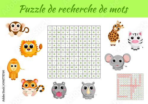 Puzzle de recherche de mots - Word search puzzle with pictures. Educational game for study French words. Kids activity worksheet colorful printable version. Includes answers. Vector stock illustration