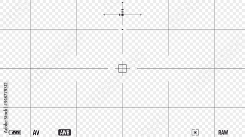 Photo camera realistic viewfinder overlay with video settings and autofocus points. 16:9 full hd format of frame template. DSLR professional camera frame vector template on transparent background.