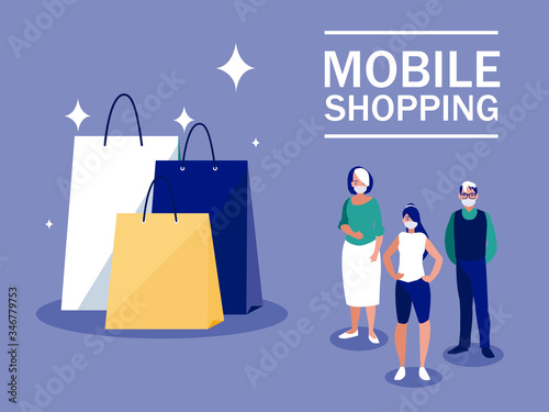 Women and man with masks and bags vector design