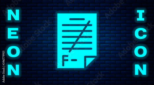 Glowing neon Exam paper with incorrect answers survey icon isolated on brick wall background. Bad mark of test results. Vector Illustration