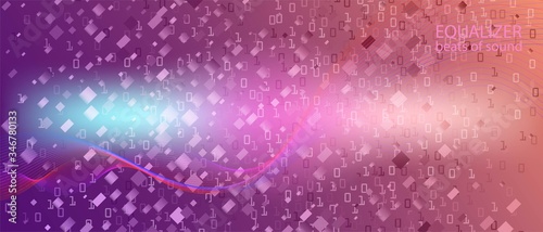 Wireless Tech Vector Landing Page. Blue Pink Purple Background. Fractal Liquid Data Matrix Falling Binary Code. Computing 
