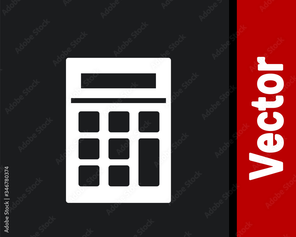 White Calculator icon isolated on black background. Accounting symbol. Business calculations mathematics education and finance. Vector Illustration White Calculator icon isolated on black background. Accounting symbol. Business calculations mathematics education and finance. Vector Illustration