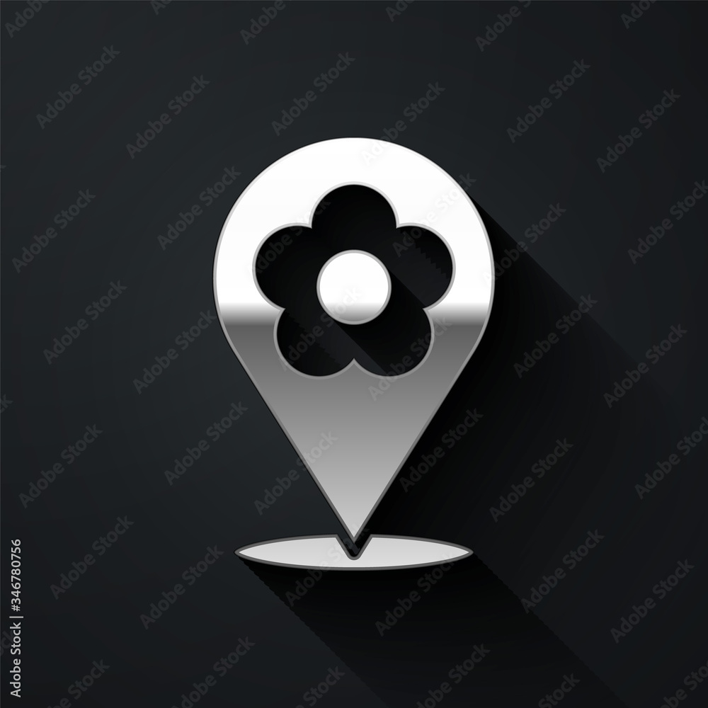 Silver Location with flower icon isolated on black background. Long shadow style. Vector Illustration Silver Location with flower icon isolated on black background. Long shadow style. Vector Illustration