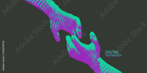 Hands reaching towards each other. Concept of human relation, togetherness or  partnership. Connection structure. 3D vector illustration.