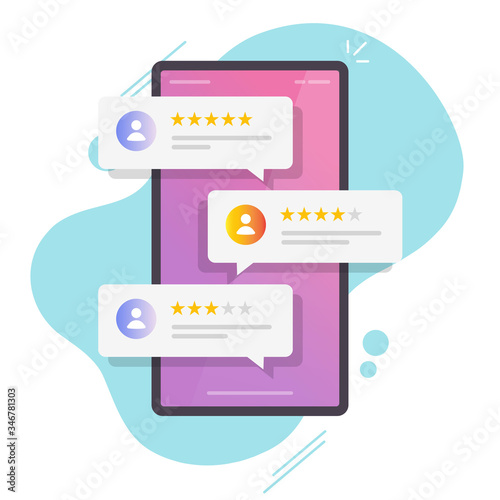 Review rating online on mobile phone or customer feedback testimonials on smartphone vector, flat cartoon cellphone reviews stars with good and bad rate experience modern trendy