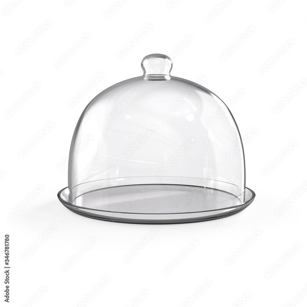 Glass transparent dome for dishes. Closed cloche front view. Dishes for restaurants. Restaurant cloche. 3d realistic illustration isolated on white background. Glass transparent dome for dishes. Closed cloche front view. Dishes for restaurants. Restaurant cloche. 3d realistic illustration isolated on white background.