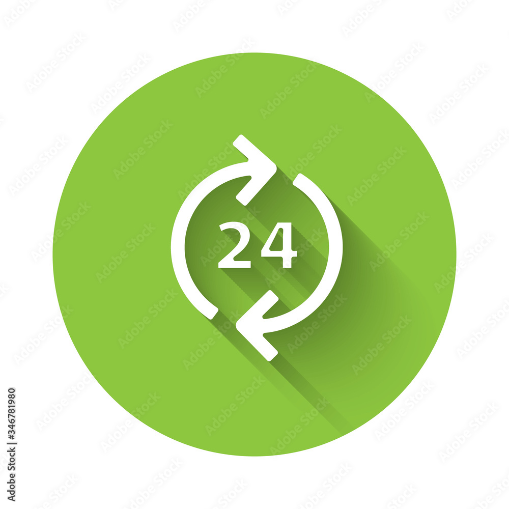 White Telephone 24 hours support icon isolated with long shadow. All-day customer support call-center. Full time call services. Green circle button. Vector Illustration White Telephone 24 hours support icon isolated with long shadow. All-day customer support call-center. Full time call services. Green circle button. Vector Illustration
