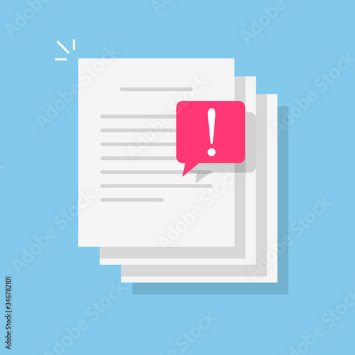 Text file document caution alert or error notification bubble vector icon flat cartoon, idea of paper doc content with exclamation message symbol, danger content attention mark image