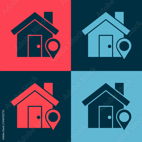 Pop art Map pointer with house icon isolated on color background. Home location marker symbol. Vector Illustration