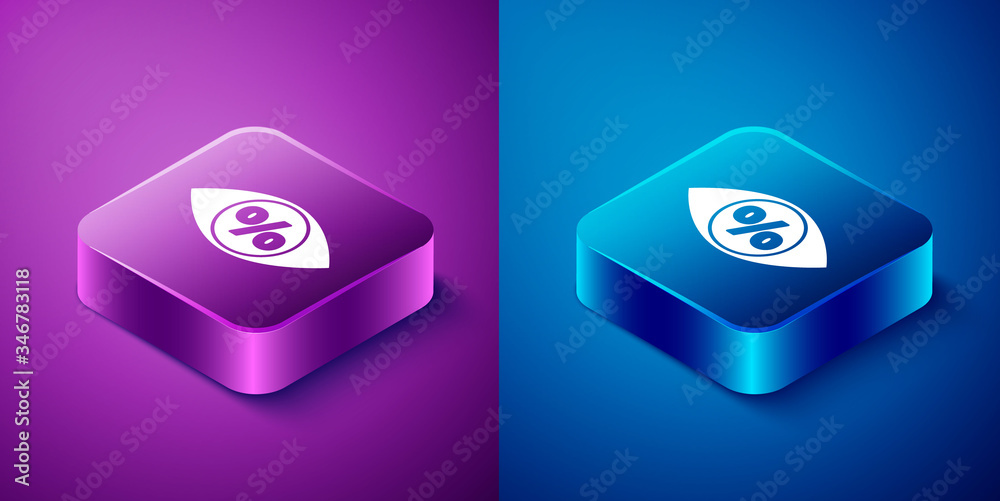 Isometric Eye with percent icon isolated on blue and purple background. Shopping tag sign. Special offer sign. Discount coupons symbol. Square button. Vector Illustration Isometric Eye with percent icon isolated on blue and purple background. Shopping tag sign. Special offer sign. Discount coupons symbol. Square button. Vector Illustration