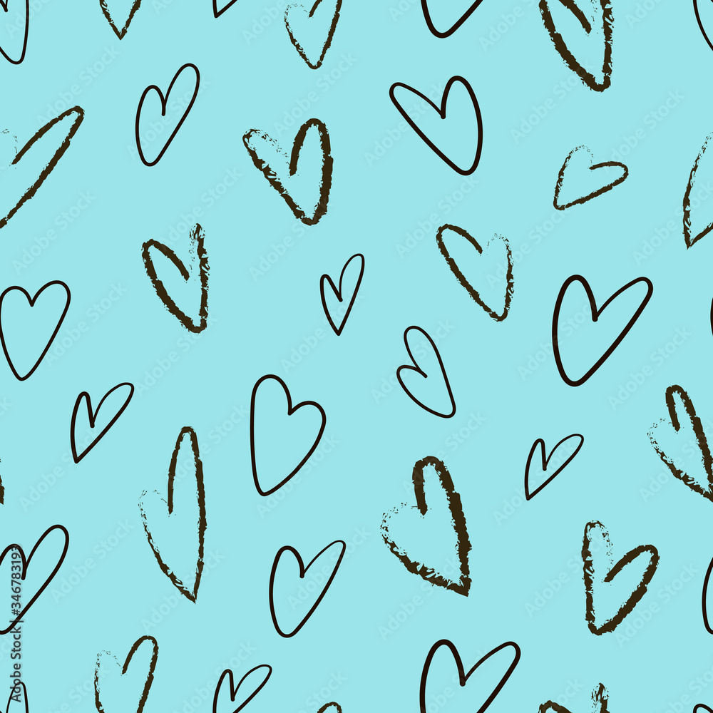 Seamless pattern with hearts. The pencil style. Modern and stylish romantic poster design, wrapping paper, Valentine design. Vector graphics on a turquoise background. Seamless pattern with hearts. The pencil style. Modern and stylish romantic poster design, wrapping paper, Valentine design. Vector graphics on a turquoise background.