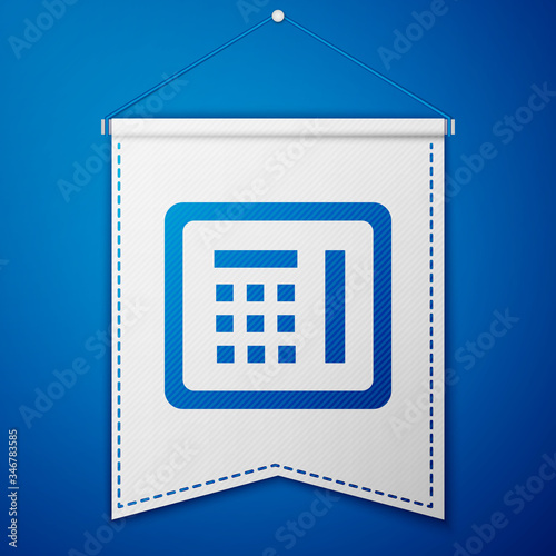 Blue Safe icon isolated on blue background. The door safe a bank vault with a combination lock. Reliable Data Protection. White pennant template. Vector Illustration