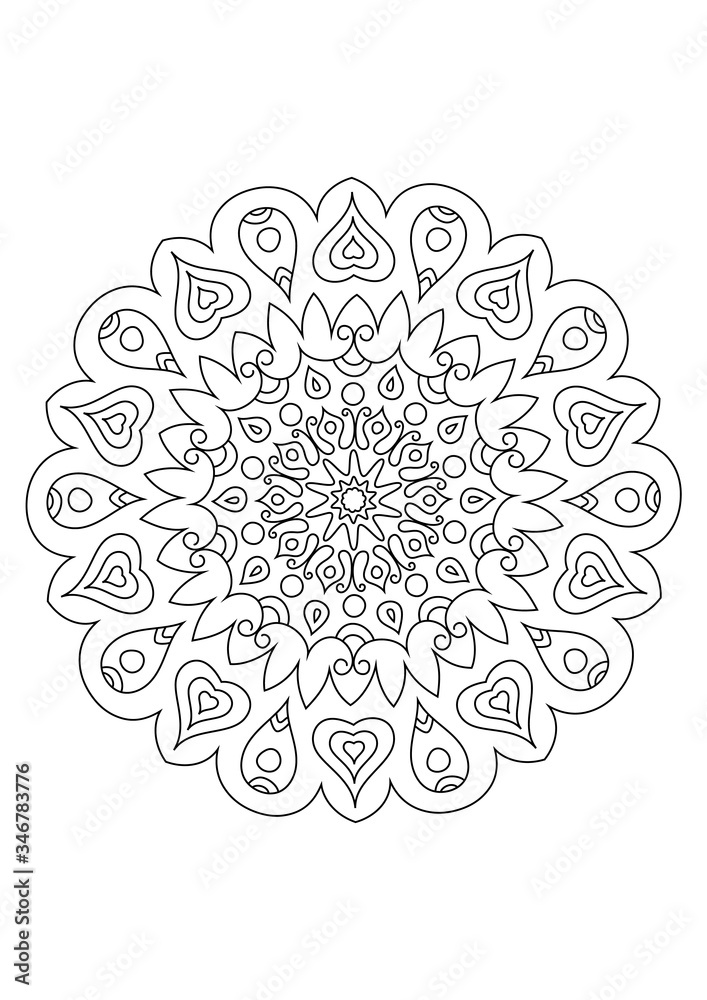Zentangle mandala adult coloring book page. Zendoodle circular black and white outline illustration.