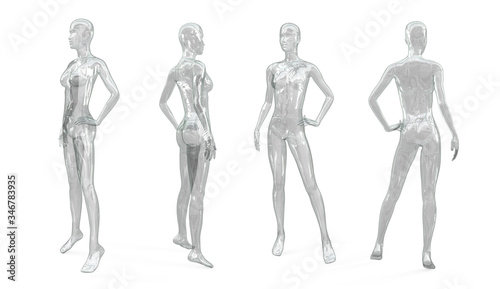 Set of female transparent shiny glass (plastic) mannequin for clothes. Standing female invisible figure. Set from the side, front and back view. 3d illustration isolated on a white.