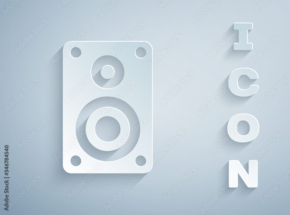 Paper cut Stereo speaker icon isolated on grey background. Sound system speakers. Music icon. Musical column speaker bass equipment. Paper art style. Vector Illustration Paper cut Stereo speaker icon isolated on grey background. Sound system speakers. Music icon. Musical column speaker bass equipment. Paper art style. Vector Illustration