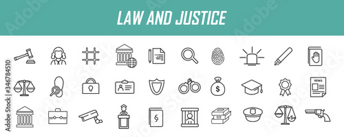 Set of linear jurisprudence icons. Law icons in simple design. Vector illustration