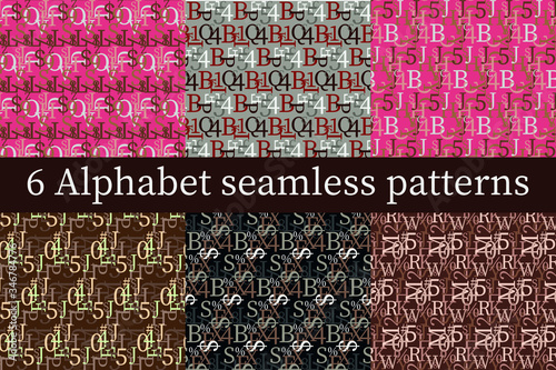 Set of vector seamless patterns. Latin alphabet, numbers, math symbols.