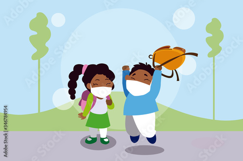Girl and boy kid cartoon with masks and school bags at park vector design