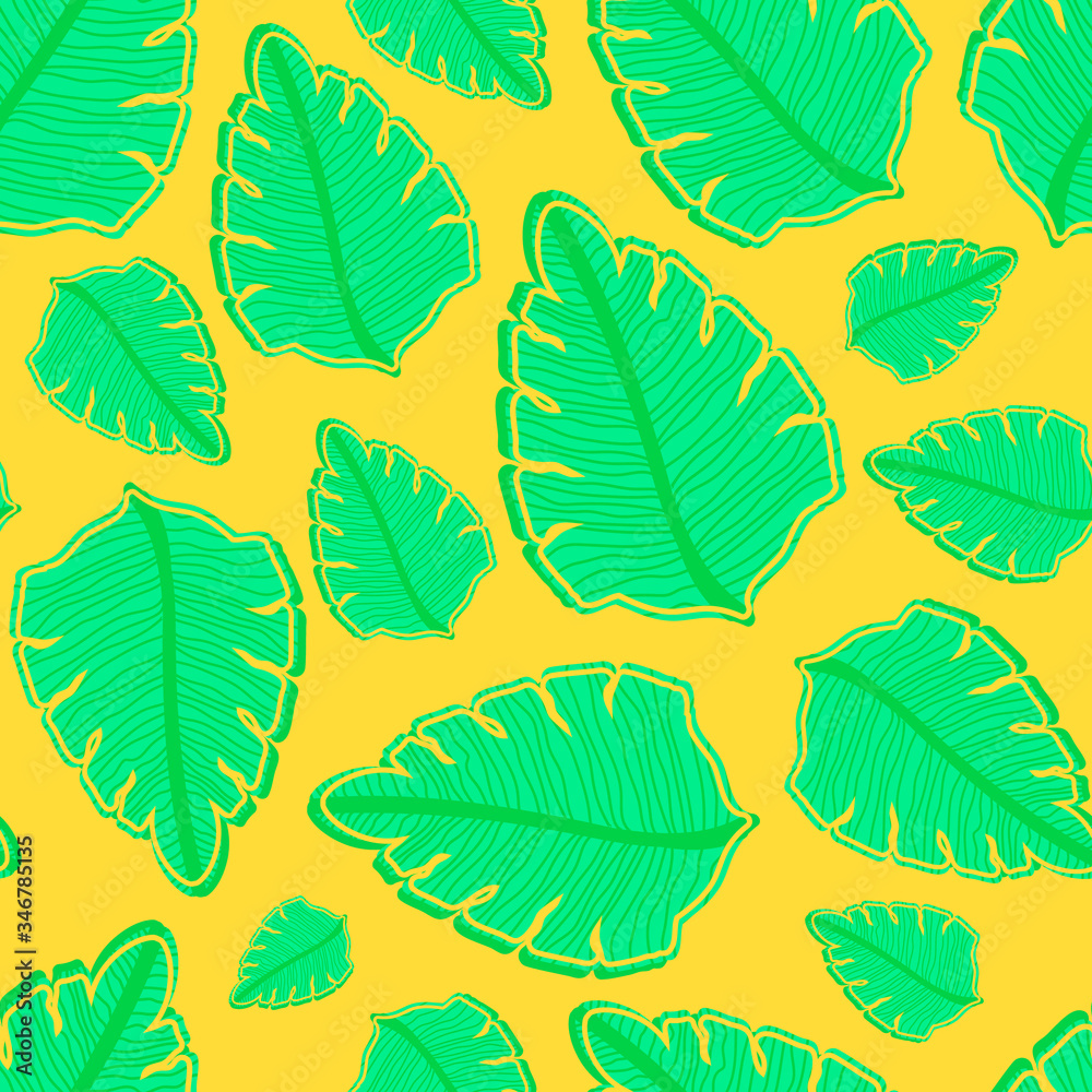 Tropical background. Juicy yellow pattern of green leaves.