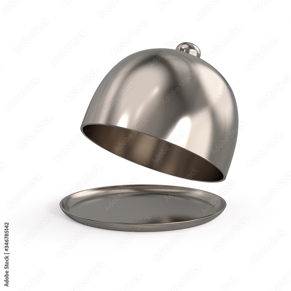 Metal restaurant dish with open dome lid. Restaurant cloche. Stainless steel serving dome. 3d realistic illustration isolated on white background. Metal restaurant dish with open dome lid. Restaurant cloche. Stainless steel serving dome. 3d realistic illustration isolated on white background.