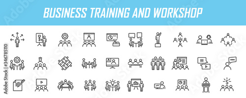 Set of linear business training icons. Workshop icons in simple design. Vector illustration