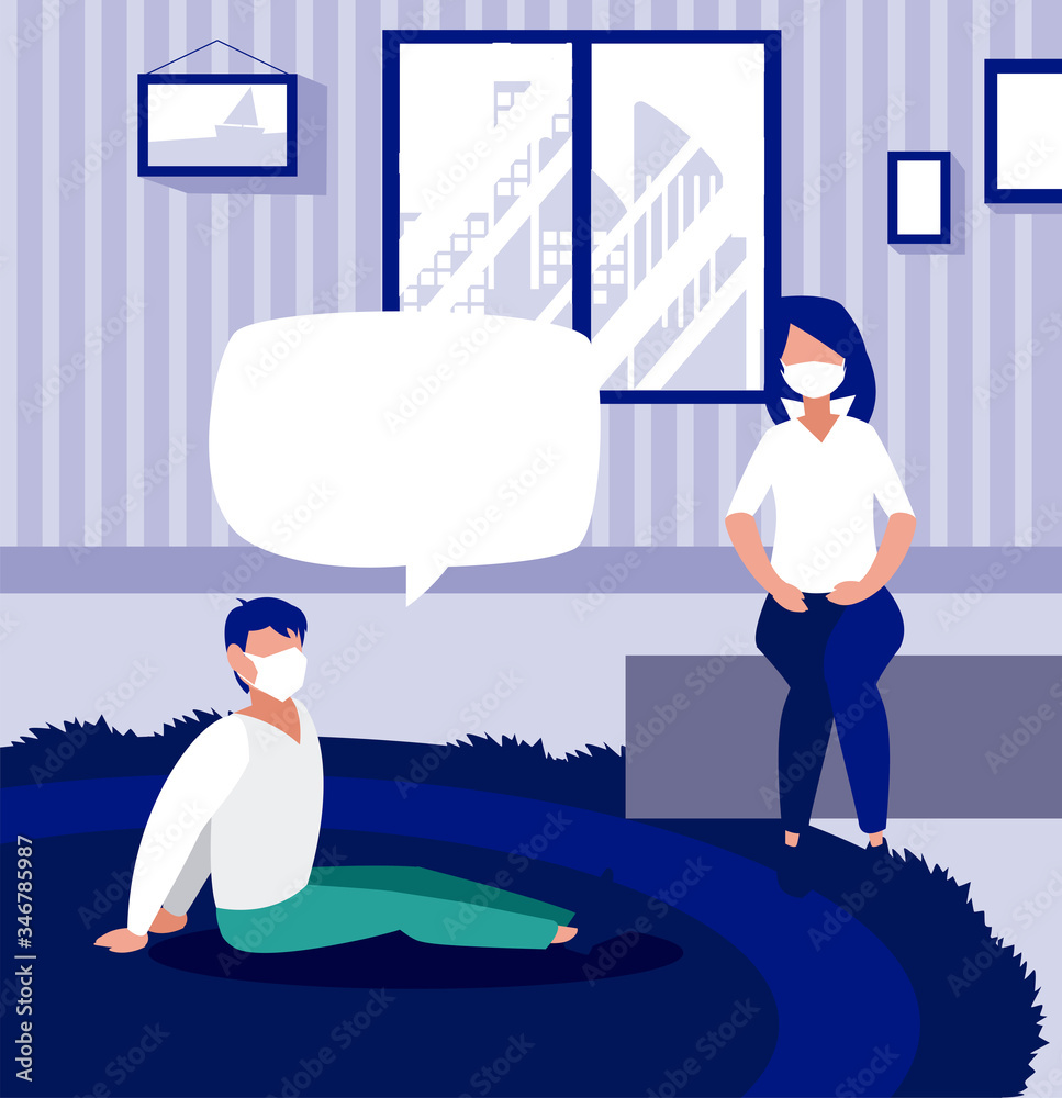 Obraz premium Woman and man sitting with mask and bubble at home vector design