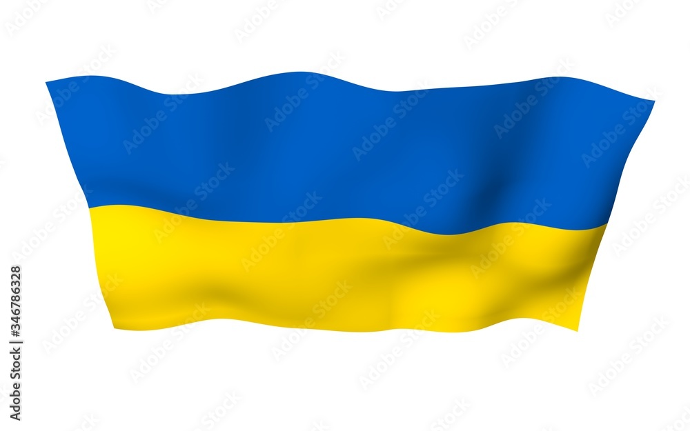 The flag of Ukraine on a white background. National flag and state ensign. Blue and yellow bicolour. 3D illustration waving flag The flag of Ukraine on a white background. National flag and state ensign. Blue and yellow bicolour. 3D illustration waving flag