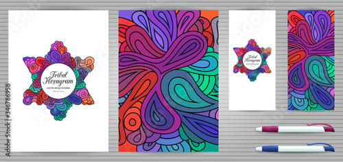 Doodle style hexagram corporate identity templates set . Colorful zentangle jewish design. Ethnic tribal flyer and document mockups.