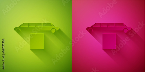 Paper cut Luxury limousine car and carpet icon isolated on green and pink background. For world premiere celebrities and guests poster. Paper art style. Vector Illustration