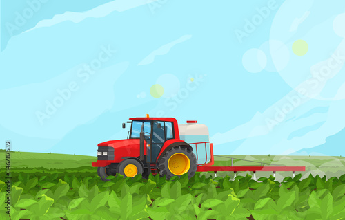Vector illustration of a red agricultural tractor tractor. Watering installation. Arrangement of crops.