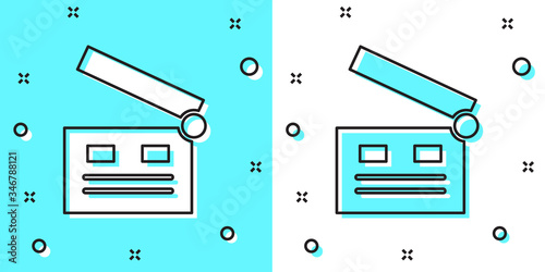 Black line Movie clapper icon isolated on green and white background. Film clapper board. Clapperboard sign. Cinema production or media industry. Random dynamic shapes. Vector Illustration