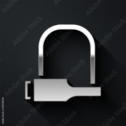 Silver Bicycle lock U shaped industrial icon isolated on black background. Long shadow style. Vector Illustration
