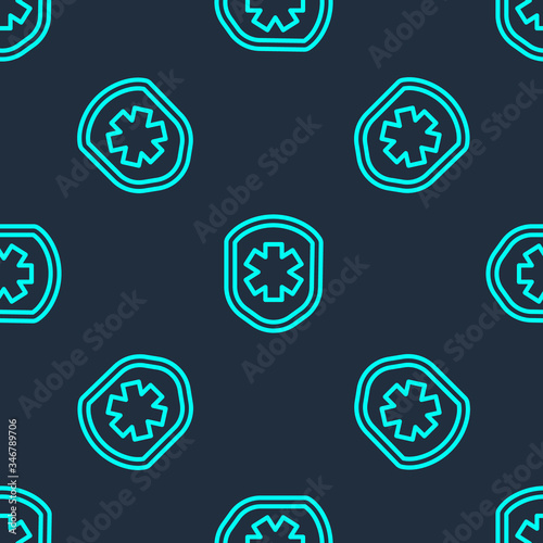 Green line Medical shield with cross icon isolated seamless pattern on blue background. Protection, safety, password security. Vector Illustration
