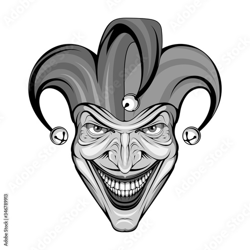 Joker Smile. Posters, Icon, Mascot. Joker esport mascot logo. Jokester head. Jester icon. Buffoon logo. Funster. Creepy clown face. Spooky Halloween masks with angry smile. Jester and Joker character