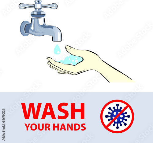 Wash hands. Arm in foam soap bubbles. Disinfection, skin care. Antibacterial washing.