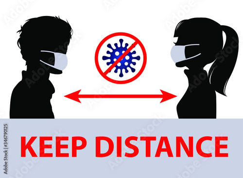 Social Distancing. People keeping distance for infection risk and disease. Medical mask for prevent virus Covid-19. Health care concept.