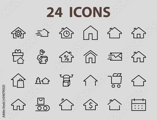 Simple set of line vector home icons. Contains house symbols at interest, infuse house and more. Editable stroke. 480x480 pixels perfect