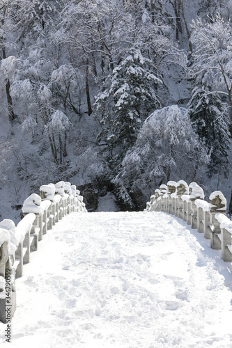 Beautiful winter landscape. Snowy stone bridge. Odaesan National Park, Gangwon-do, Korea