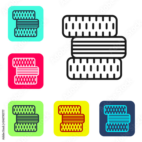 Black line Car tire wheel icon isolated on white background. Set icons in color square buttons. Vector Illustration