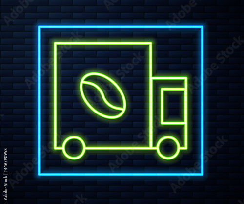 Glowing neon line Coffee street truck machine icon isolated on brick wall background. Delivery coffee. Vector Illustration