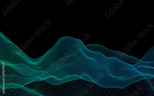 Abstract green landscape on a black background. Cyberspace grid. hi tech network. Depth of field. 3D illustration © Plastic man