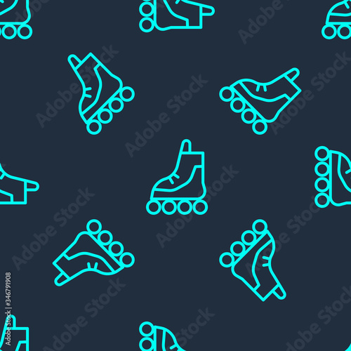 Green line Roller skate icon isolated seamless pattern on blue background. Vector Illustration