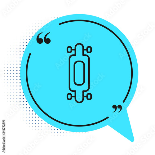 Black line Longboard or skateboard cruiser icon isolated on white background. Extreme sport. Sport equipment. Blue speech bubble symbol. Vector Illustration