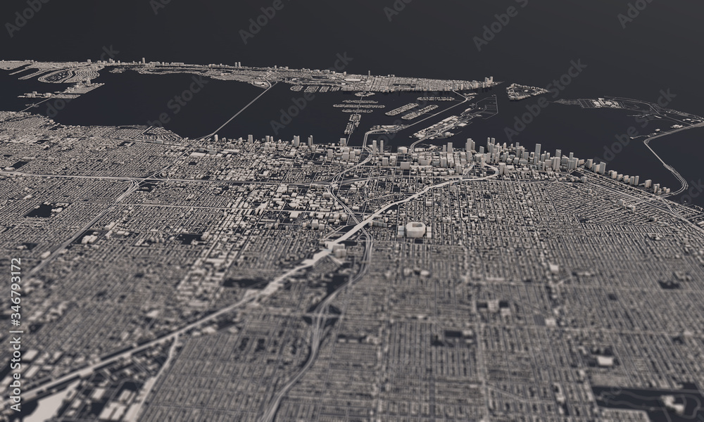 Miami, Florida, USA city map 3D Rendering. Aerial satellite view