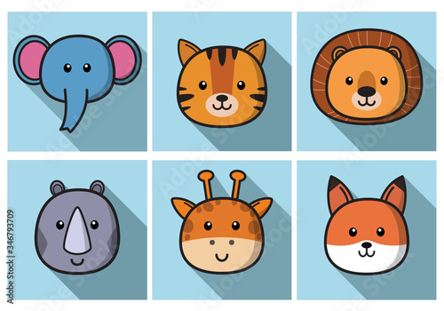 Set Of Cute Cartoon Animals Face Isolated . Vector Flat Design Illustration from Front. Suitable for Web site page, Mobile app and Social Media.
