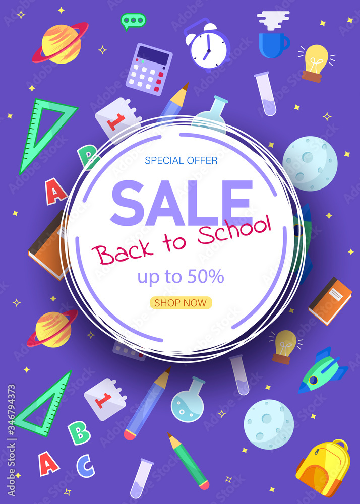 Naklejka premium Back to School Sale Sign. Back to school banner, vector banner set of schoolbags,back to school concept ,colorful. Vertical view